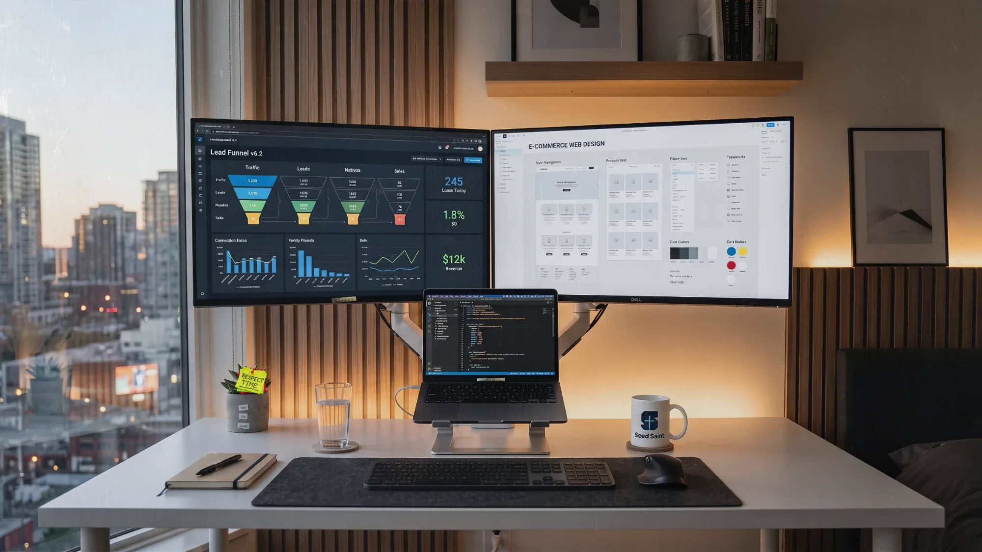 A two-monitor desk showing a lead funnel dashboard and a web design layout, with a mug carrying the Seed Saint logo