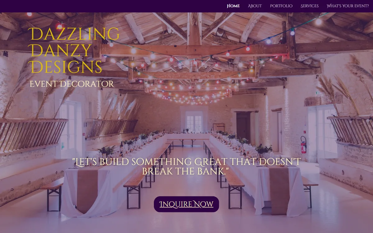 Home page of Dazzling Danzy Designs, an event decorator, showing a long decorated banquet hall under string lights