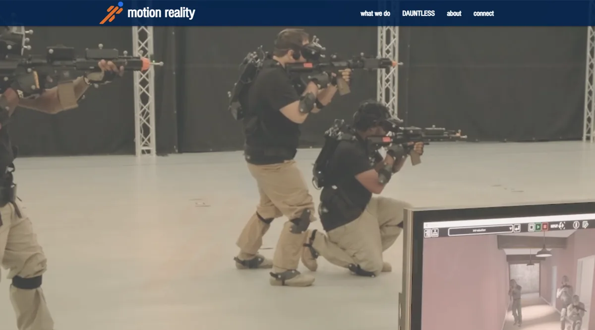 Home page of Motion Reality showing trainees in motion capture suits and virtual reality headsets