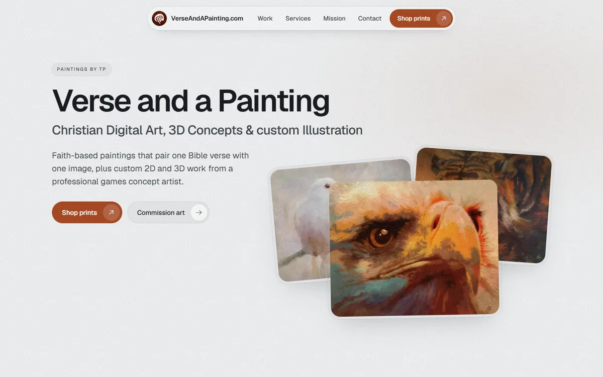 Home page of Verse and a Painting, showing overlapping eagle, dove and tiger paintings under the headline Verse and a Painting